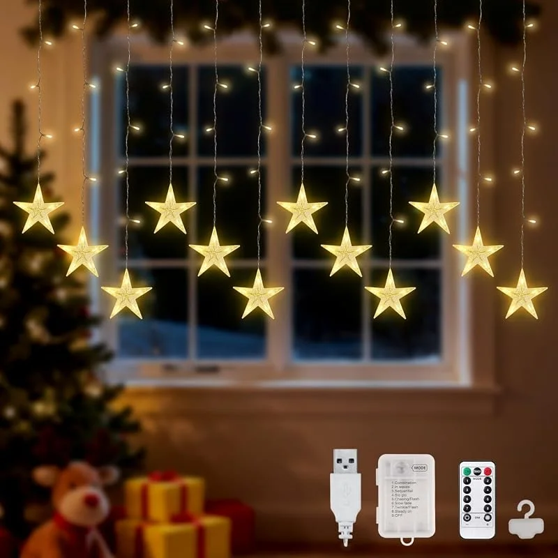 Visita la tienda de Lypumso Lypumso Cortina de Luces Estrellas, 3M LED Luces de Navidad 8 Modos con Timer, Gancho, 120LEDs Guirnalda Navidad Batería, USB IP44, para Decoracion Navideña Interior Exterior, Ventana, Balcón, Fiesta — Decoracion Navidad