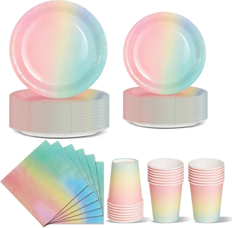 Nkaiso 96 Piezas Arco iris Vajilla Fiesta Cumpleaños, Platos y Vaso Cumpleaños Infantil, Set de Party Decoración Platos Desechable Servilletas para Navidad, Barbacoas, Fiestas -24 Invitado — Adviento y mesa