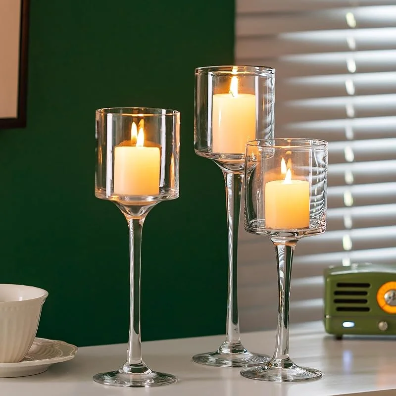 Romadedi Portavelas de Cristal para Velas, Alto Candelabro Porta Velas de te Pequeñas Elegante Mesa de Boda, Navidad Decoración Casa, Juegos de 3, 20, 23, 26cm — Adviento y mesa