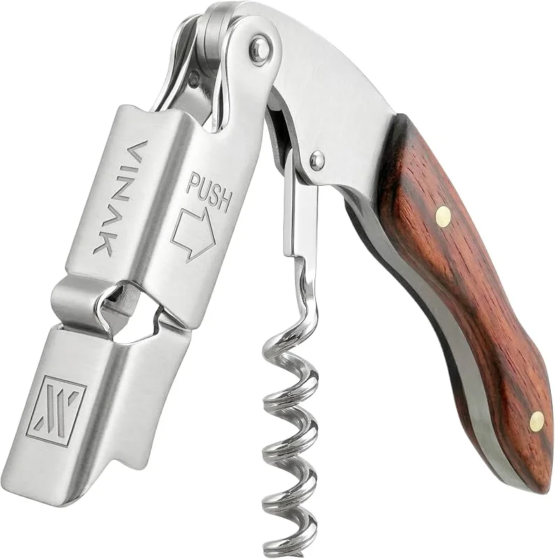 Visita la tienda de VINAK VINAK - Sacacorchos Camarero Profesional XPERT, Acero Inoxidable y Madera, Doble Apoyo Articulado, Abrebotellas y Navaja Cortacápsulas, Espiral Profesional — Vino y mesa festiva