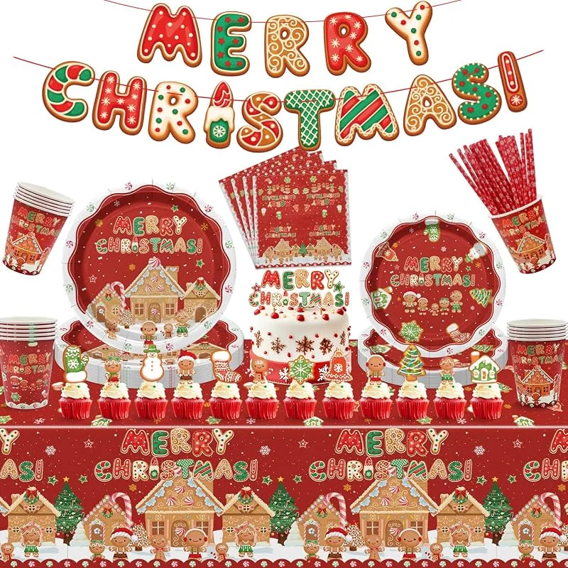 XJLANTTE Decoraciones de fiesta de Navidad – Platos de papel de jengibre de Navidad, pancarta, decoración de pasteles, servilletas de copos de nieve, tazas, mantel de Navidad para Navidad, suministros de — Adviento y mesa