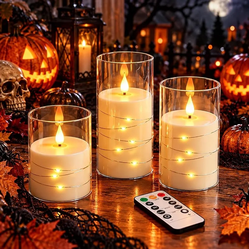 Visita la tienda de Da by Da by 3 Velas LED Marfil con Tubo Transparente y Luces Hada Envolventes, Llama Parpadeante Interna Realista, 1 Mando, Plástico Resistente al Calor, Tamaños Surtidos para Interior y Exterior — Luces Navidad
