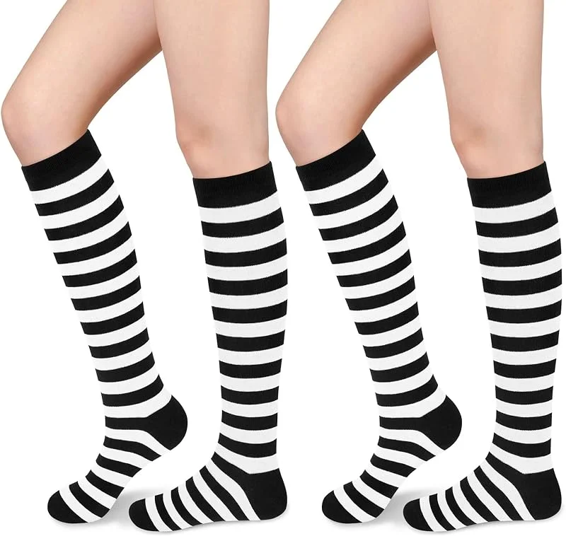 RICUHJIAJU 2 Pares Calcetines Hasta la Rodilla a Rayas, Calcetines Largos a Rayas — Ropa Navidad