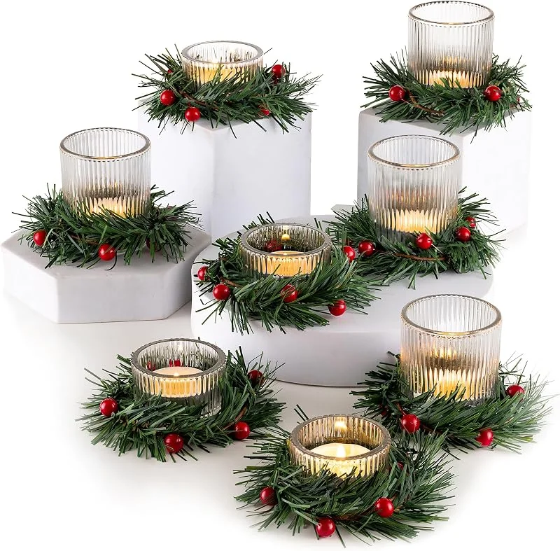 Glasseam Set De 8 Portavelas Votivas Acanaladas: Portacandelitas con Anillos para Velas Coronas, Mini De Cristal con Corona De Halloween, De Navidad para Centro De Mesa — Adviento y mesa