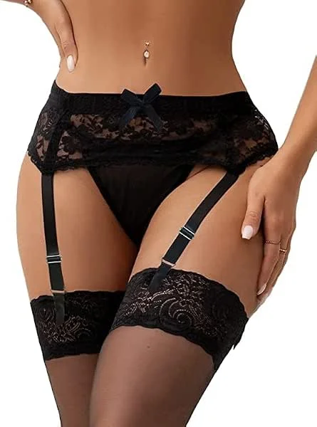 Satohom 3 Piezas Liguero Transparente Sexy para Mujer con 4 Clips Ajustables Tanga Liguero Corsé Encaje Cintura Alta Tanga para Medias Lencería Ligas (Liguero+G-String+Medias) — Ropa Navidad