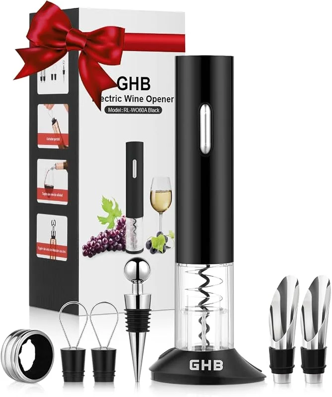 Visita la tienda de GHB GHB Sacacorchos Eléctrico Abridor de Botellas Eléctrico con Cortador de Papel, Vertedor, Tapón de Vacío, Aerator, Anillo de Vino Funciona con Batería — Vino y mesa festiva