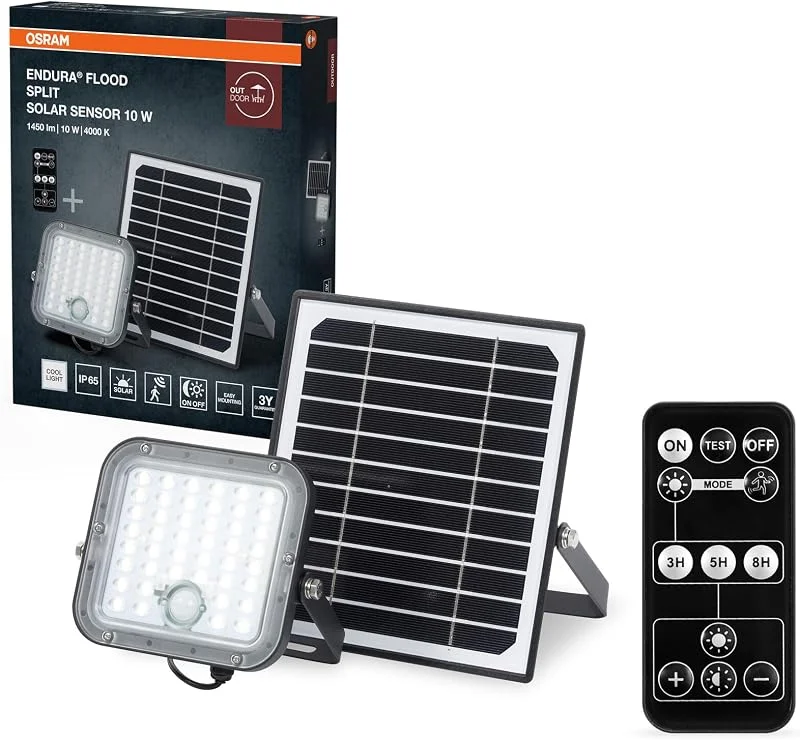 Visita la tienda de OSRAM Osram Lámpara LED solar exterior Endura para exteriores con luz de inundación y panel solar, cable de 5 m, con mando a distancia y sensor de movimiento PIR, 10 W, 1400 lm, 840, 4000 K, eficiencia — Luces Navidad