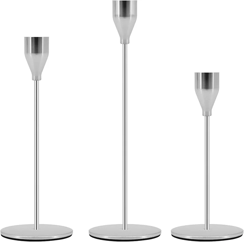 Gearific Juego de 3 portavelas para velas cónicas, portavelas cónicos para bodas, fiestas, cenas (plateado) — Cena a la luz de velas