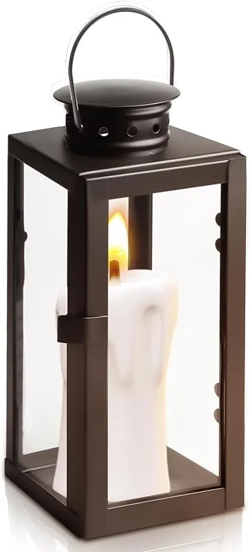 PORFOYO Farolillos negros para exteriores, farolillos de vela de 24 cm, farolillos de cristal y metal, ideales como portavelas, para decoración vintage, jardín, balcón, día de Navidad [sin velas] — Cena a la luz de velas