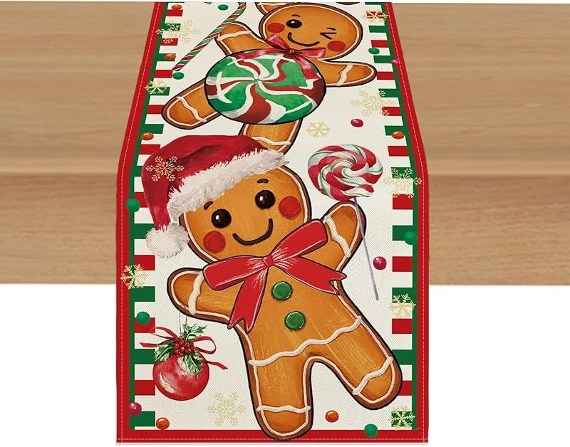 DIELOVEHUA Camino de Mesa Navidad, Camino de Mesa De Lino Rojo Navidad con Estampado de Bastones de Caramelo Hombre de Jengibre, Decoracion Mesa Navidad, para Comedor Hogar Fiesta Decoración (183 x 33 Cm) — Hogar y cocina