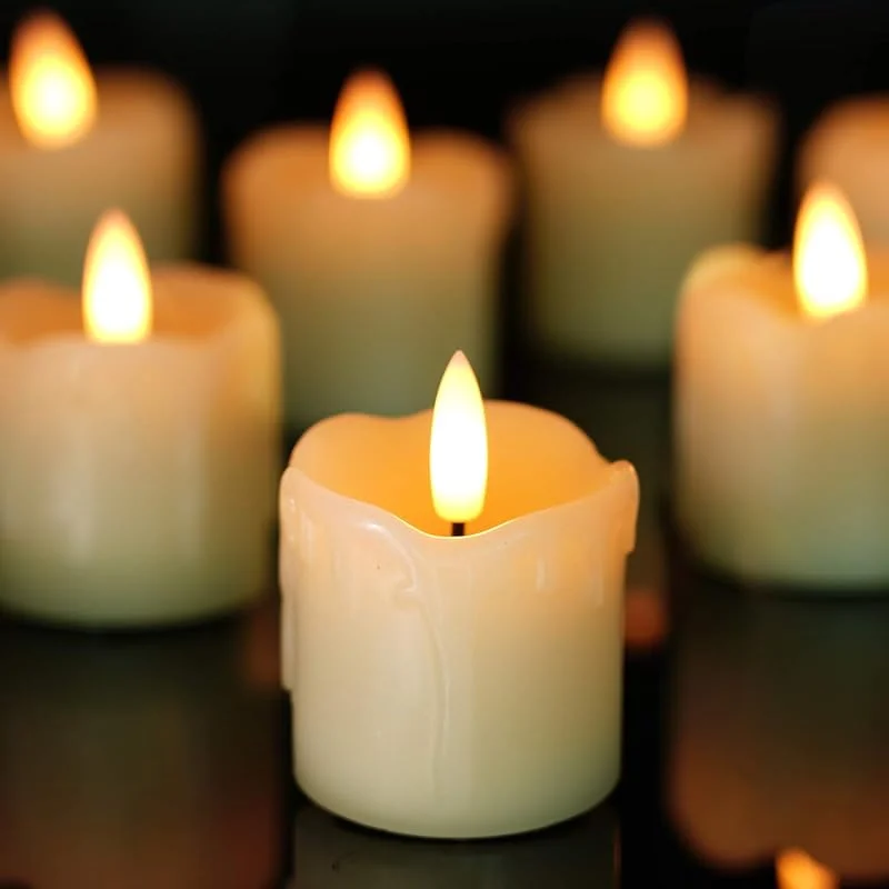Homemory Velas votivas sin llama con temporizador, cera real de 5 x 5 cm, 400 horas de mecha negra realista, juego de 6 para bodas, fiestas y decoración de vacaciones (batería incluida) — Cena a la luz de velas