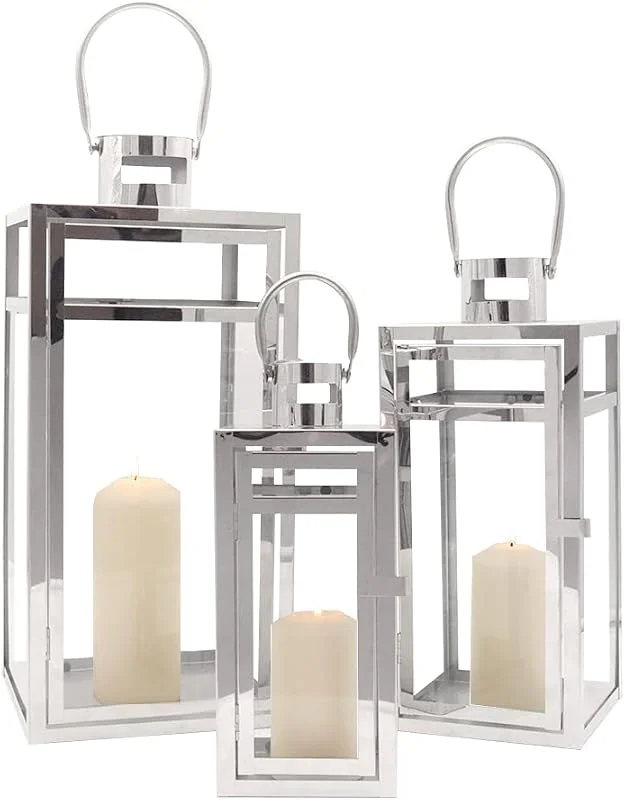 TRIROCKS Set de 3 Faroles Decorativos de Acero Inoxidable 48, 38, 30 cm Altos, Soportes Colgantes de Metal con Vidrio Transparente para Sala, Mesa y Exterior (Plata) — Cena a la luz de velas