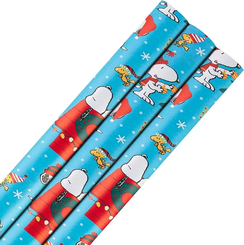 Hallmark Papel de regalo de 6 m, paquete de 3, cacahuetes, Snoopy y Woodstock, 2 m cada uno, Navidad — Envoltorio regalo