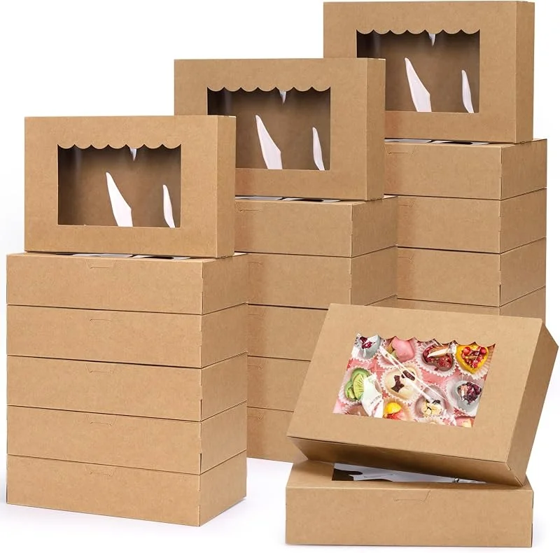 GXFCING 24 Piezas Caja de Reposteria Cartón Kraft, 21, 5 x 14 x 5, 1 cm Caja de Regalo con Ventana para Embalaje de Pastelería Cupcakes Tartas Bizcochos Galletas Navidad, Marrón — Envoltorio regalo