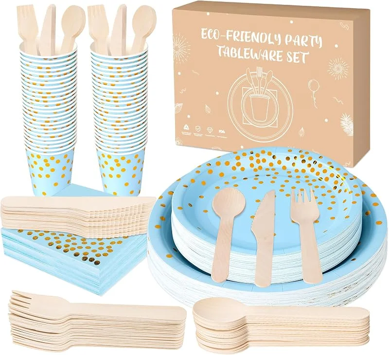 Anstore Platos de papel azul con lunares dorados, 200 unidades, reutilizables, juego de vajilla de fiesta con tenedores, cuchillos, cucharas, servilletas, platos, vasos, 25 invitados, platos de fiesta — Adviento y mesa