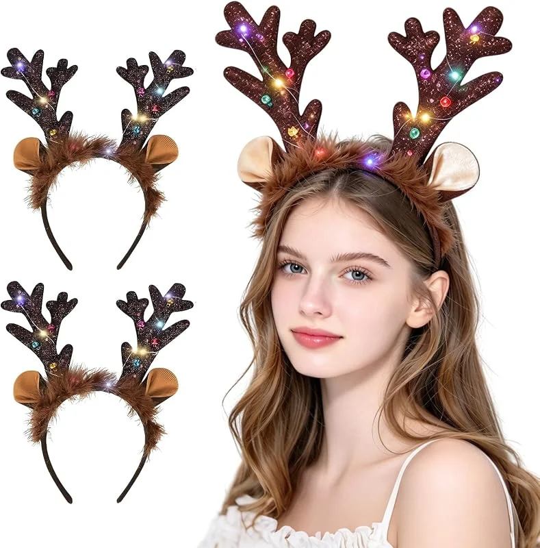 23GUANYI 2 Piezas Reno Diadema Navidad con LED, Purpurina Diademas Navideñas — Ropa Navidad