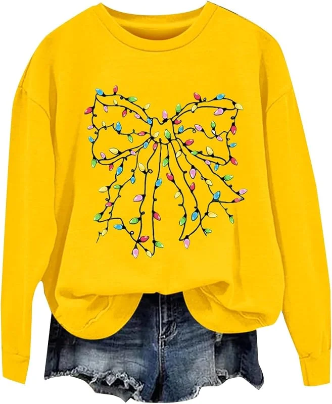 tacniseyw Suéter de Navidad para mujer, sudadera divertida con estampado de Navidad, con lazo, camisa de manga larga, talla grande, sudadera fea de Navidad para otoño e invierno, suéter de moda — Ropa Navidad