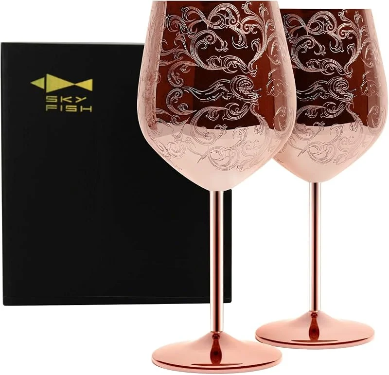 Visita la tienda de SKY FISH SKY FISH - Juego de 2 Copas de Vino de Acero Inoxidable grabadas con Grabados barrocos intrincados y auténticos, Estilo Real, 17 oz — Vino y mesa festiva