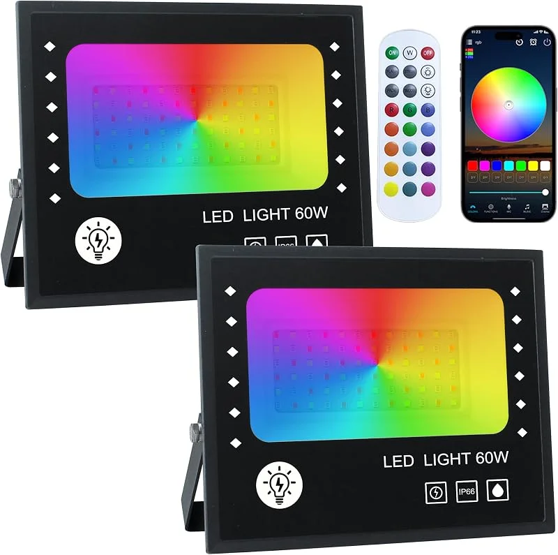 OUSIDE Foco LED RGB Exterior 60W, Regulable Proyector, Pack de 2 — Luces Navidad