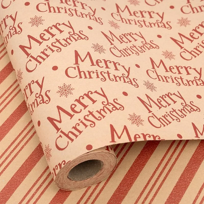 Visita la tienda de Larcenciel Larcenciel Rollo de Papel Regalo Navidad, 10 m x 43 cm Papel de Regalo Reversible con Rayas, Copos de Nieve y Alfabeto Inglés, Papel Kraft Rojo Vintage de Doble Cara para Año Nuevo, Navidad, Cumpleaño — Envoltorio regalo