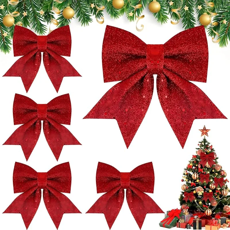 SaiXuan Juego de Lazos navideños, 1 Lazo Grande 21 x 24 cm + 4 pequeños Lazos de 17 x 18 cm para Árbol de Navidad con Brillo y Alambre Flexible – Lazos Navideños Elegantes para Árbol, Puerta, Corona — Decoracion Navidad