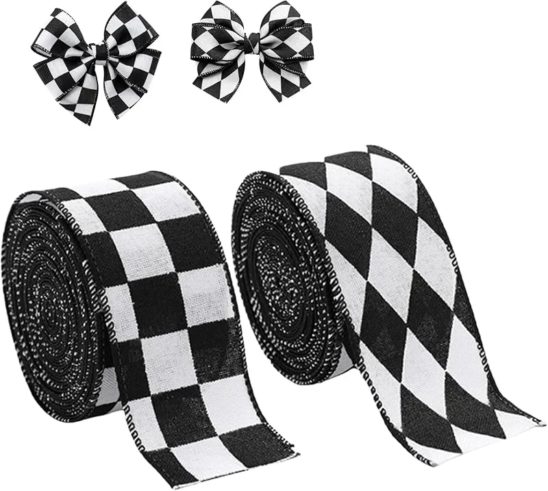 Upstore 2 rollos de cintas a cuadros blanco y negro de 4.2 yardas, cinta de búfalo con borde de alambre, cinta de envoltura de regalo para bricolaje, lazo para el pelo, corona, decoración de árbol de Navidad — Envoltorio regalo
