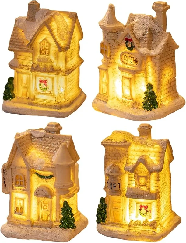 Yvocuyn Pueblo navideño, 4 Casas Blancas iluminadas por LED con Nieve — Decoracion Navidad