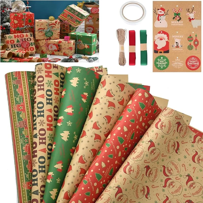 DXRPO Papel Regalo Navidad, 12 Unidades de Papel de Regalo Navidad, Con Cinta Adhesiva de Doble Cara y Cuerdas de Yute, Para Navidad, Año Nuevo, Fiestas, 70 x 50 cm — Envoltorio regalo