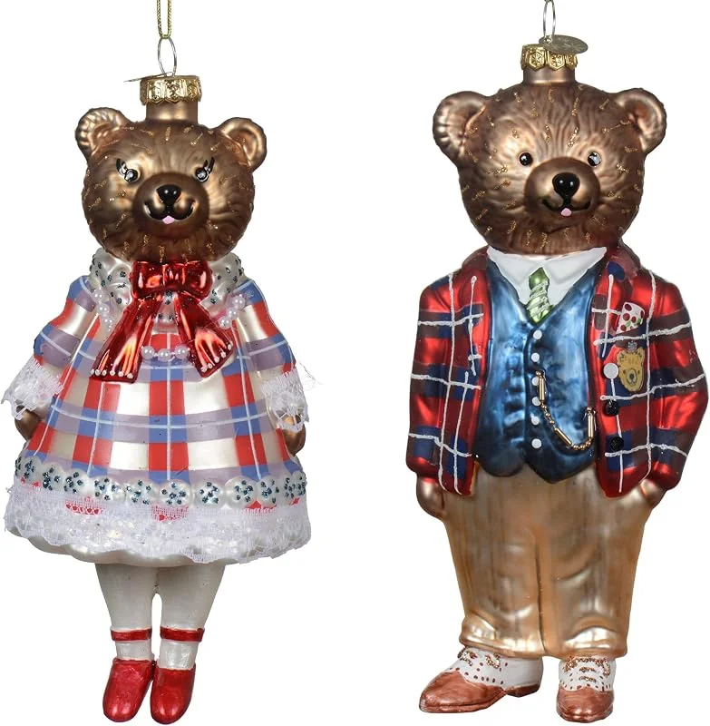 Kaemingk Adornos para árbol de Navidad de cristal, 16 cm, diseño de oso y señora para colgar, juego de 2 unidades, soplado a mano, colgante para árbol de Navidad y adornos para árbol de Navidad, animales — Decoracion Navidad