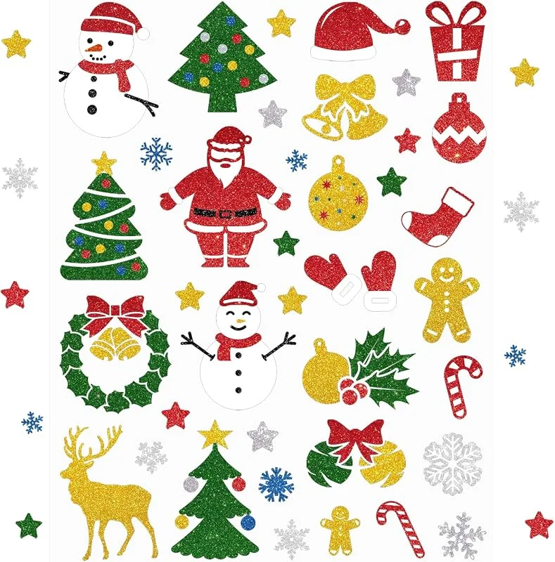 BOYATONG Pegatinas navideñas, 304 unidades, pegatinas brillantes, autoadhesivas, decoración navideña, regalos, árboles de Navidad, botas, copo de nieve, estrella para manualidades y decoración navideñas — Envoltorio regalo