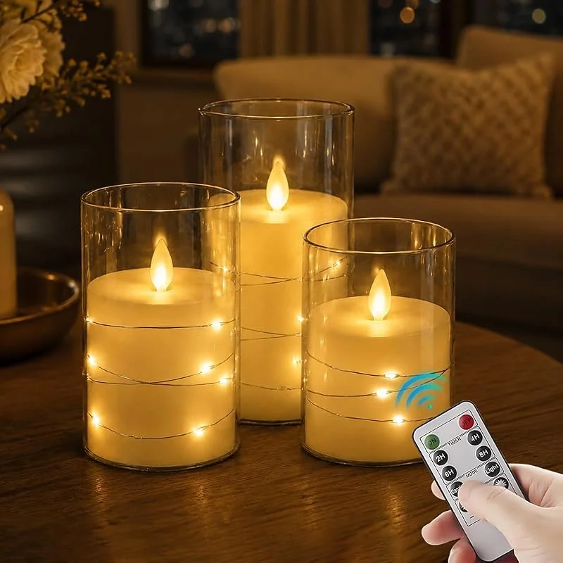 NAVESO 3 velas LED con mando a distancia, sin llama con cadena de luces — Cena a la luz de velas