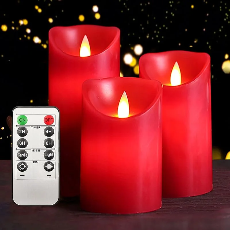 Visita la tienda de ILEEDear Velas led, Velas led efecto llama, pack de 3 luces led cera reales con mando a distancia y temporizador velas decorativas de pilas para chimenea, adornos salon, navidad decoración casa, Rojo — Luces Navidad