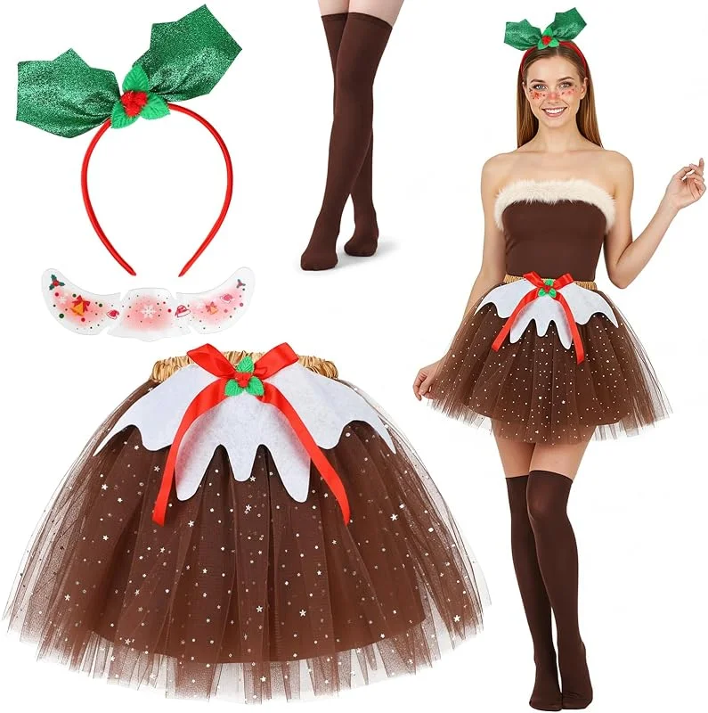 Beipegin 4 Piezas Disfraz Navidad Mujer, Disfraz Pudín Diademas Navideñas Pegatinas Cara Pudín Falda Tutu Marron Calcetines Altos Rodilla, Accesorios Disfraces Navideños para Fiestas Navideñas Cosplay — Ropa Navidad