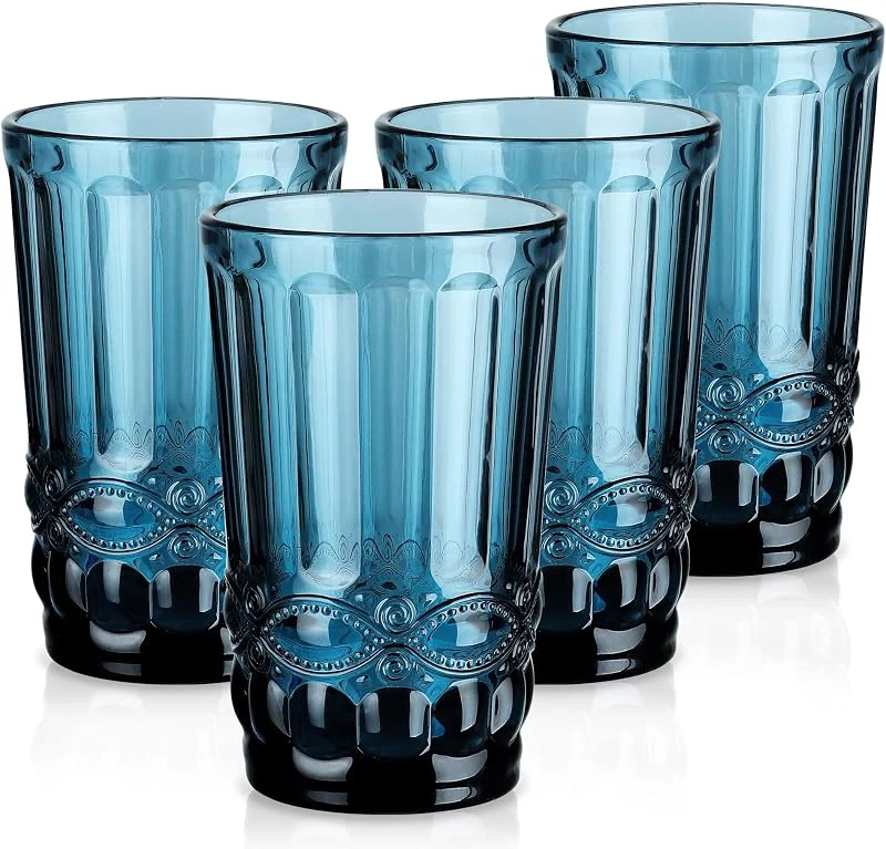 Visita la tienda de Joeyan Joeyan 330ml azul Vasos de Cristal agua Vintage con Relieve, Juego de 4 — Vino y mesa festiva
