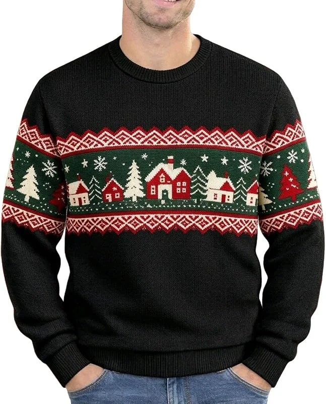 Generic Jersey navideño Hombre Cuello Redondo con Estampado de Casas y árboles Tejido Suave Manga Larga para reuniones y Celebraciones de Navidad — Ropa Navidad