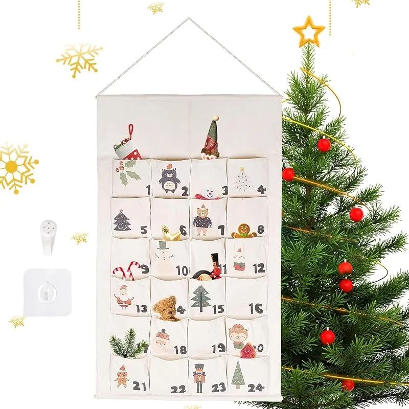 JABNOW Calendario de Adviento para Rellenar Navidad Calendario de Adviento de Pared con 24 Bolsillos Reutilizable Navideño Cuenta Atrás 24 Días, Decoración Navideña Colgante de Tela — Adviento y mesa