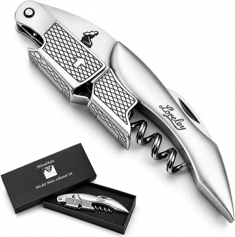 LEONARDINO LORELEY® MITTELRHEIN Germany - Cuchillo de camarero premium, Sacacorchos, Abrebotellas de acero inoxidable mate para camareros y barman, para cualquier hogar y ocasión, con elegante caja de regalo — Vino y mesa festiva