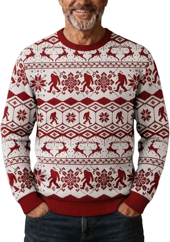 PINTUTU ersey Navideño Hombre Cuello Redondo Estampado Papá Noel Manga Larga Jersey Navidad Divertido para Fiestas de Navidad y Reuniones Familiares — Ropa Navidad