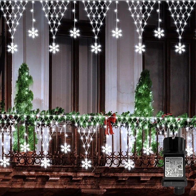 CCILAND Red de luces navideñas para exteriores de 4 m, red de luces con 207 copos de nieve LED y 8 modos, temporizador enchufable para aleros, vallas, balcones, decoración de bodas, blanco frío — Luces Navidad