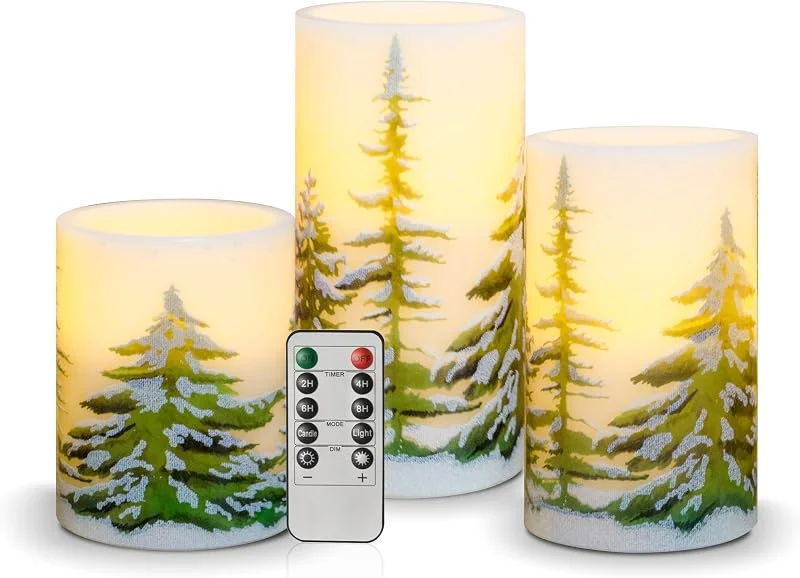Koelaa Pack de 3 Velas LED Navideñas con Árbol de Navidad - Velas de Cera Real con Control Remoto y Luz Cálida Parpadeante, Decoración para Hogar, Navidad, Fiestas y Mesas (10 cm, 12, 5 cm, 15 cm) — Luces Navidad