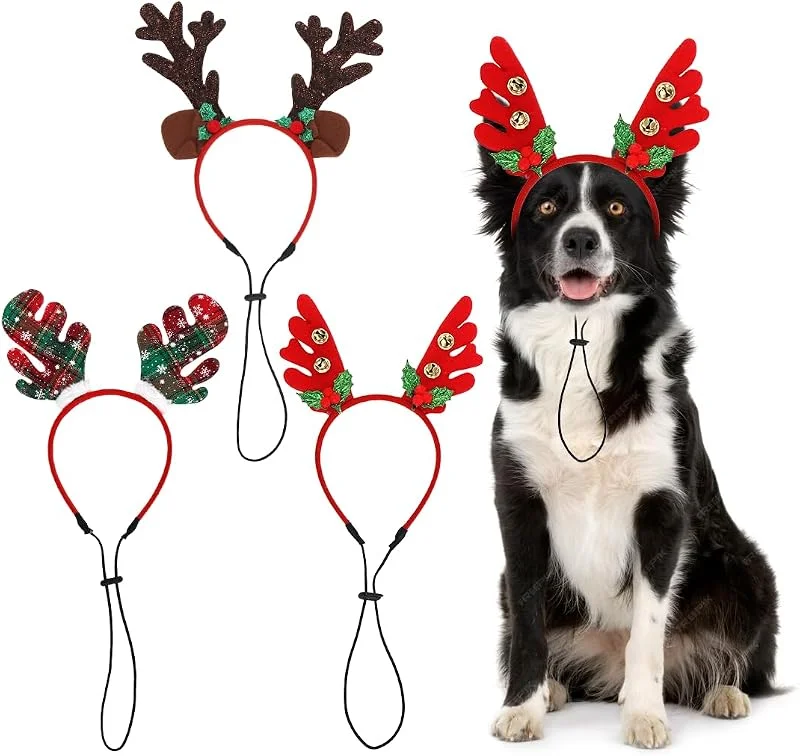 Epokus 3 Piezas Diadema Navideña para Perros, Diadema de Reno de Perro Gato, Ajustable Cuernos Tocado de Navidad para Mascotas — Ropa Navidad