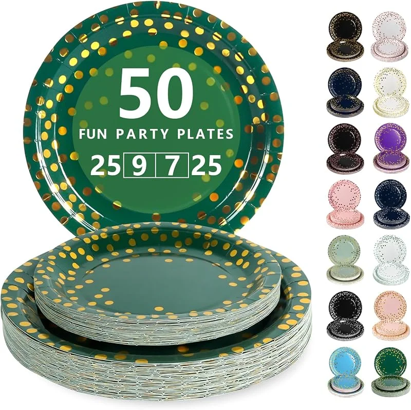 Nkaiso Platos Desechable, 50 Piezas Verde Oscuro y Dorado Vajilla de Fiesta Set -25x 23cm & 25 x 18cm Platos de Carton, legante y Resistente para Bodas, Cumpleaños y Eventos — Adviento y mesa