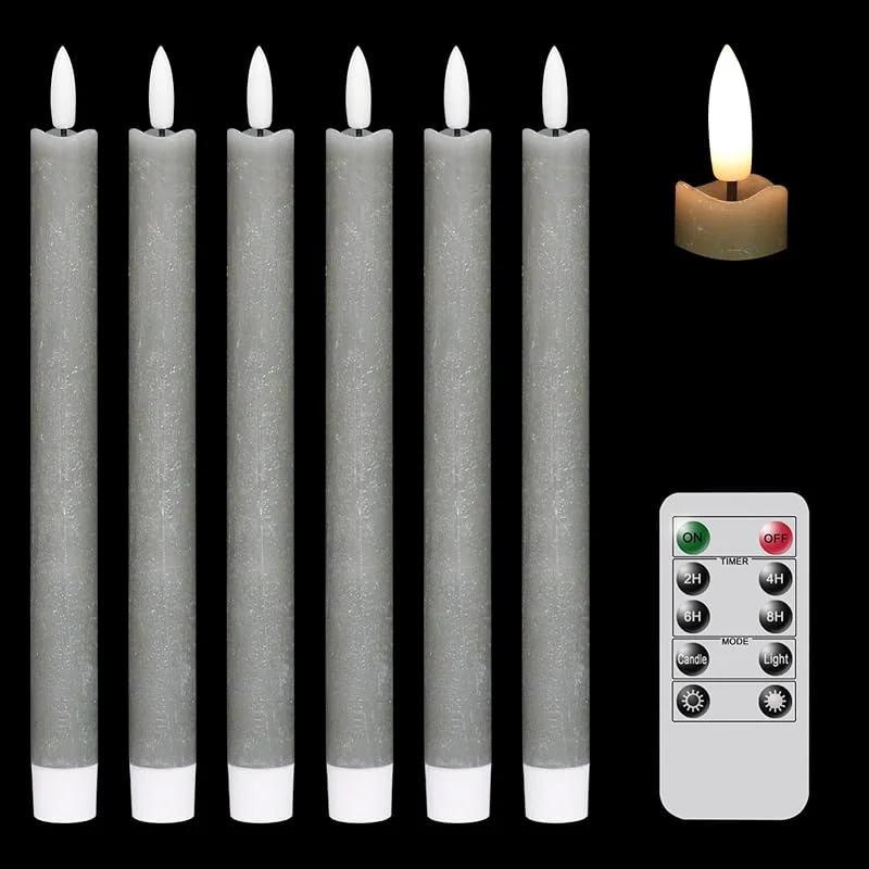 Eldnacele Velas LED cónicas, velas grises con batería con temporizador remoto, paquete de 6 — Luces Navidad