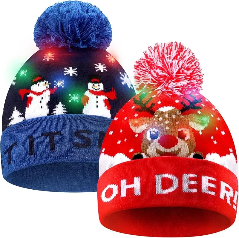 Auniq Sombrero de Navidad de punto LED, 2 piezas de gorro de Navidad Gorro de invierno, nieve, vacaciones, para niños, hombres, mujeres, niños, niñas, festival de Navidad, fiesta de cumpleaños — Ropa Navidad