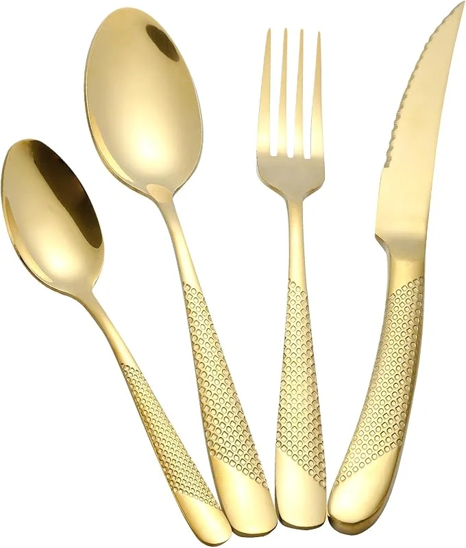 LBCIUCWS Juego de cubiertos martillados Oro 24 piezas, set de cubiertos acero inoxidable 18, 10, cuberterias completas 6 personas — Adviento y mesa