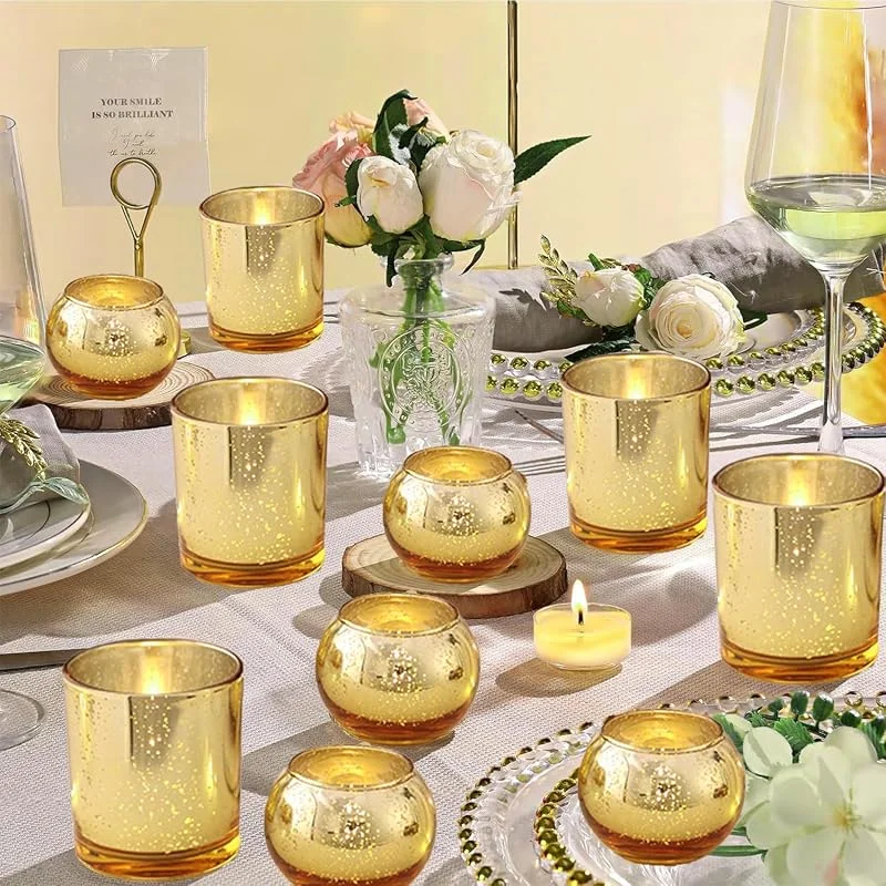 Jinavoty 12 portavelas votivos dorados, portavelas de cristal de mercurio para centro de mesa de boda, decoración de fiesta y decoración del hogar (12, dorado) — Cena a la luz de velas