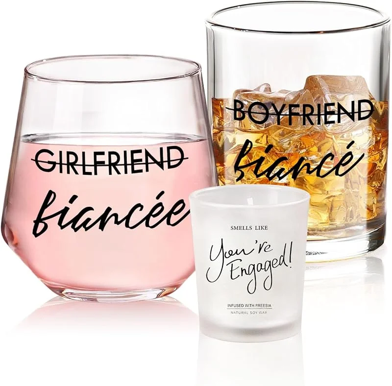 Yalucky Regalos de Compromiso Para Parejas, Copas de Vino de Whisky, Regalos Para Novia Para Ser Prometida — Vino y mesa festiva