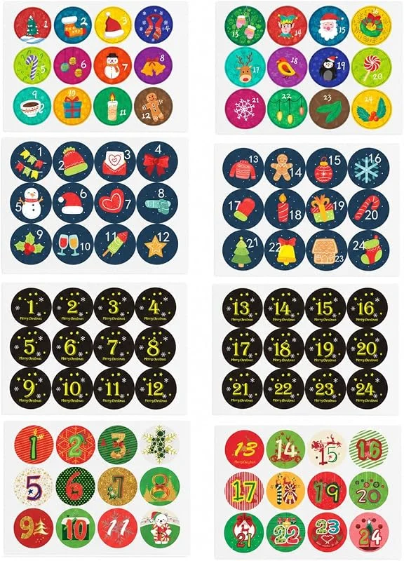 FIRZOM 8 Hojas Pegatinas Numerales Navidad, 96 Piezas Decoración DIY Calendario Adviento, Kraft Redondas Regalo Festivo — Envoltorio regalo