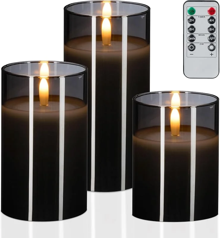 Visita la tienda de Relaxdays Relaxdays Velas LED de Cristal, Set 3, Mando a Distancia, Temporizador y Llama Parpadeante, Cera Real, sin Fuego, Gris — Cena a la luz de velas