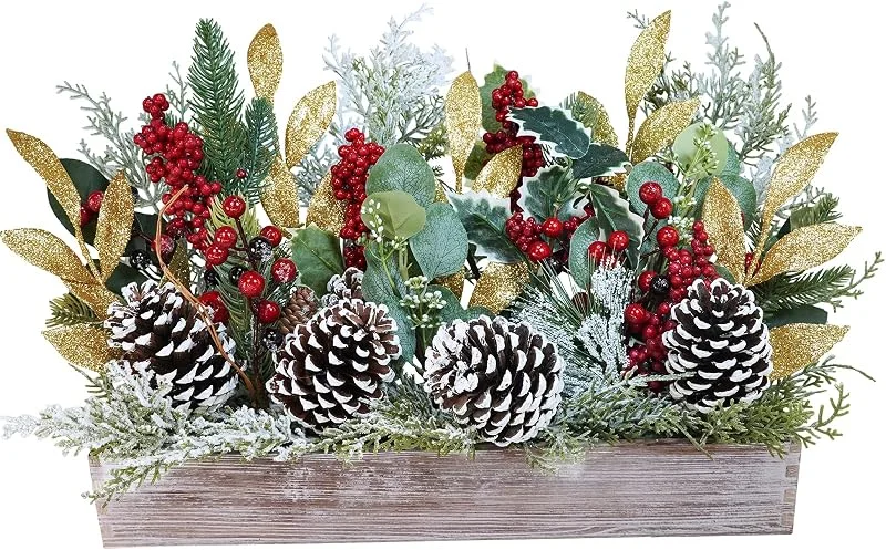 Winlyn Centro de mesa de Navidad a granel, arreglo de invierno artificial nevado de Navidad, púas florales surtidas de bayas rojas, cedro, piñas de pino en caja rectangular de madera para decoración rústica — Decoracion Navidad